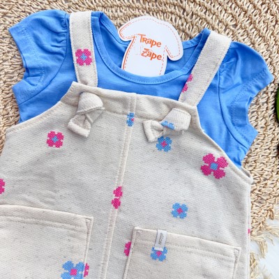 Conj. Blusa e Salopete Florzinhas em Linho- Azul e Areia